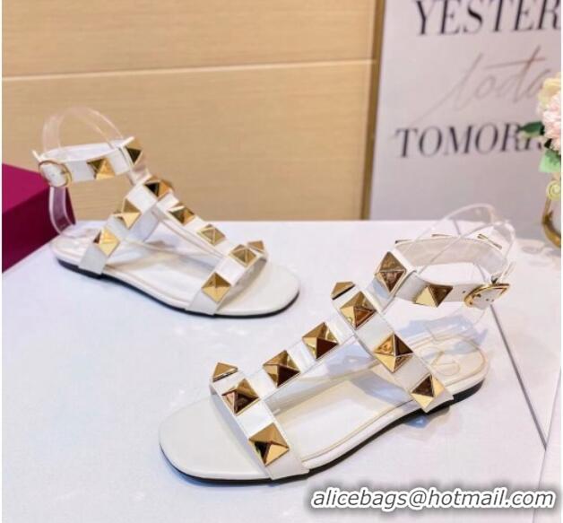 Grade Quality Valentino Roman Stud Calfskin Strap Flat Sandals 081316 White