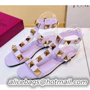 Unique Style Valentino Roman Stud Calfskin Strap Flat Sandals 081316 Purple