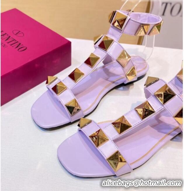 Unique Style Valentino Roman Stud Calfskin Strap Flat Sandals 081316 Purple