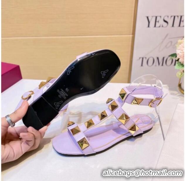 Unique Style Valentino Roman Stud Calfskin Strap Flat Sandals 081316 Purple