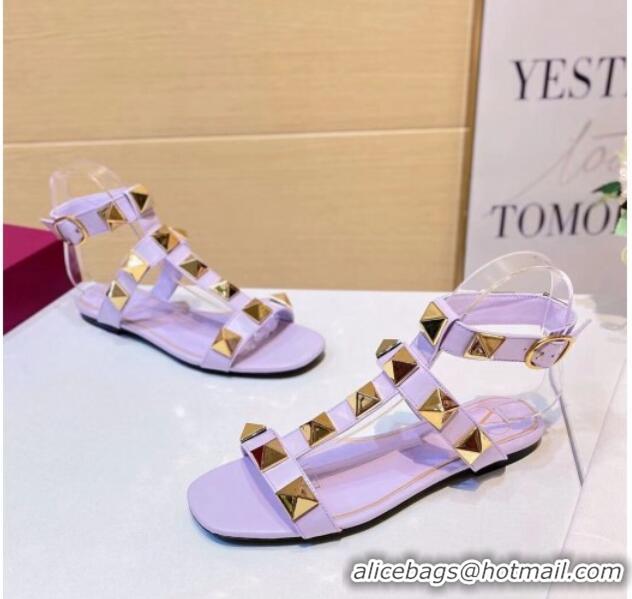 Unique Style Valentino Roman Stud Calfskin Strap Flat Sandals 081316 Purple