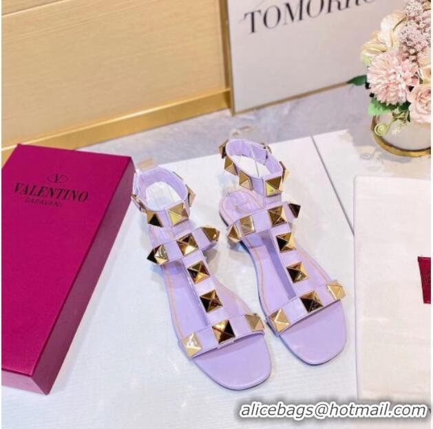 Unique Style Valentino Roman Stud Calfskin Strap Flat Sandals 081316 Purple