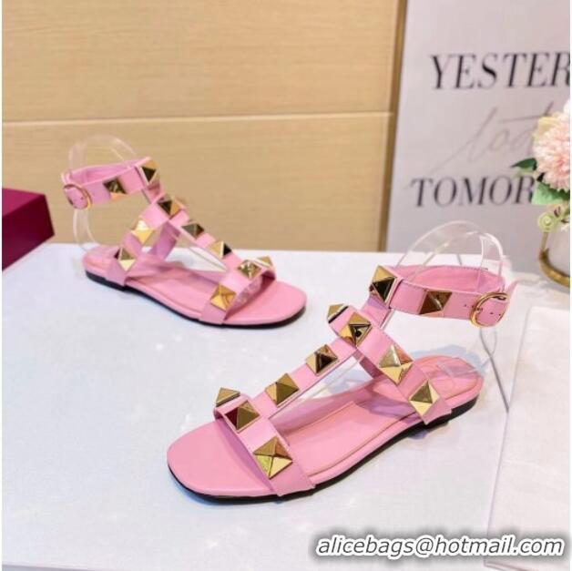 Good Looking Valentino Roman Stud Calfskin Strap Flat Sandals 081316 Pale Pink