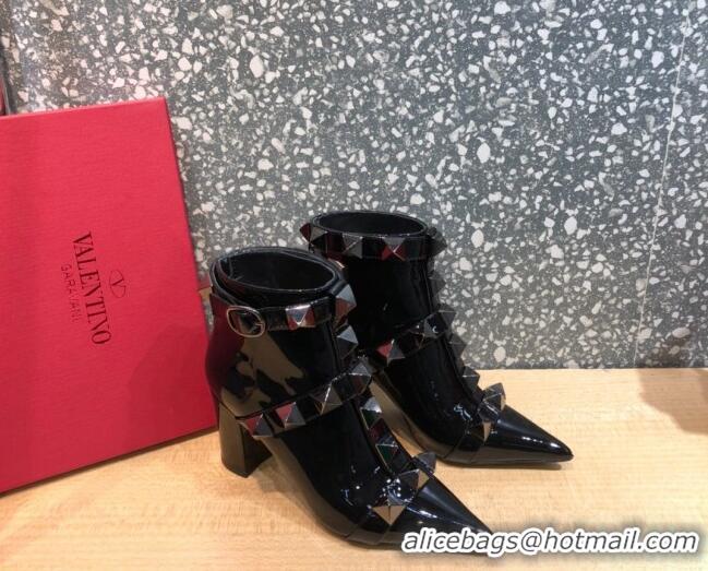 Good Quality Valentino Roman Stud Patent Leather Ankle Boots 8 cm 082034 Black