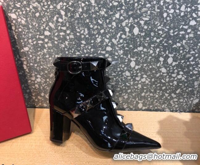 Good Quality Valentino Roman Stud Patent Leather Ankle Boots 8 cm 082034 Black