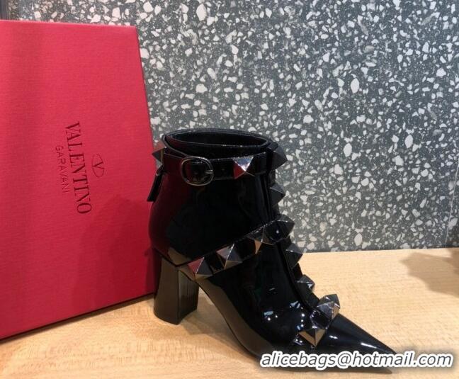 Good Quality Valentino Roman Stud Patent Leather Ankle Boots 8 cm 082034 Black