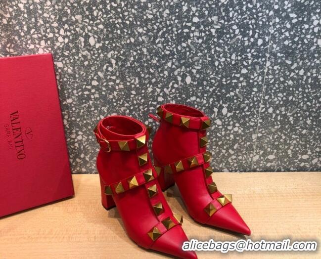 Shop Cheap Valentino Roman Stud Calfskin Ankle Boots 8 cm 082035 Red