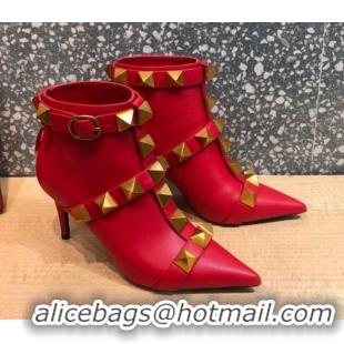 Most Popular Valentino Roman Stud Calfskin Ankle Boots 8 cm 082039 Red