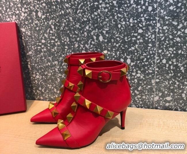 Most Popular Valentino Roman Stud Calfskin Ankle Boots 8 cm 082039 Red