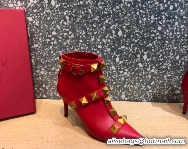 Most Popular Valentino Roman Stud Calfskin Ankle Boots 8 cm 082039 Red