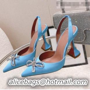 Super Quality Amina Muaddi Silk Slingback Pumps with Crystal Bow AM0805 Blue 2021