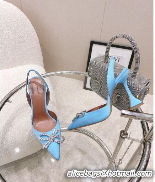 Super Quality Amina Muaddi Silk Slingback Pumps with Crystal Bow AM0805 Blue 2021