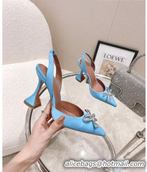 Super Quality Amina Muaddi Silk Slingback Pumps with Crystal Bow AM0805 Blue 2021