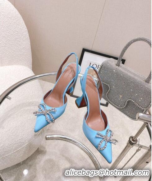 Super Quality Amina Muaddi Silk Slingback Pumps with Crystal Bow AM0805 Blue 2021