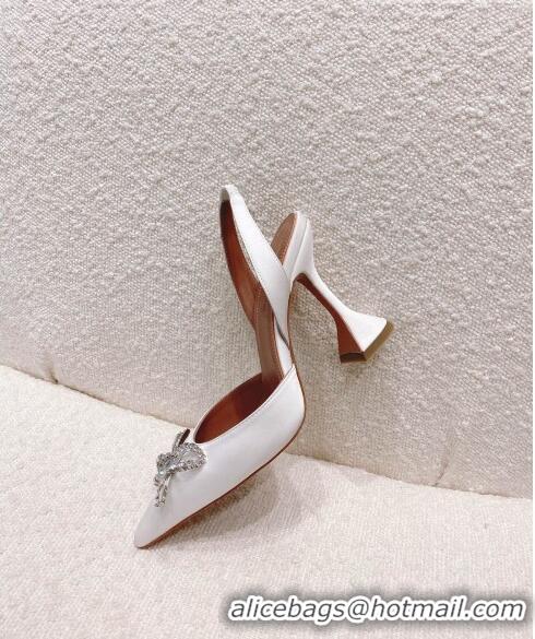 Top Quality Amina Muaddi Silk Slingback Pumps with Crystal Bow AM0805 White 2021