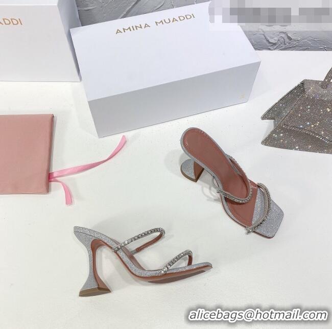 Promotional Amina Muaddi Sequins Crystal Sandals 9.5cm AM0811 Silver 2021