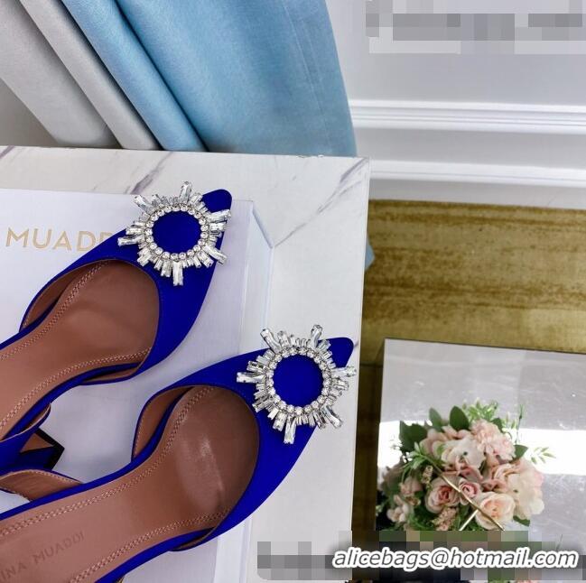 Good Looking Amina Muaddi Silk Crystal Circle Slingback Pumps 6.5cm AM1001 Blue 2021