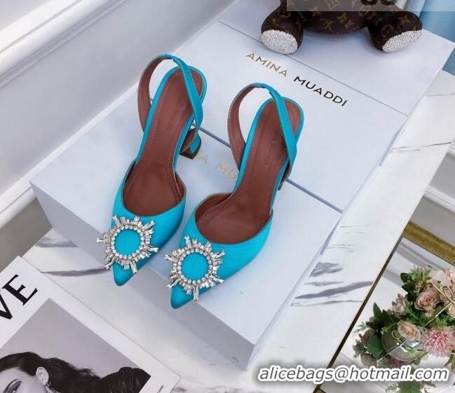 Low Price Amina Muaddi Silk Crystal Circle Slingback Pumps 6.5cm AM1001 Blue 2021