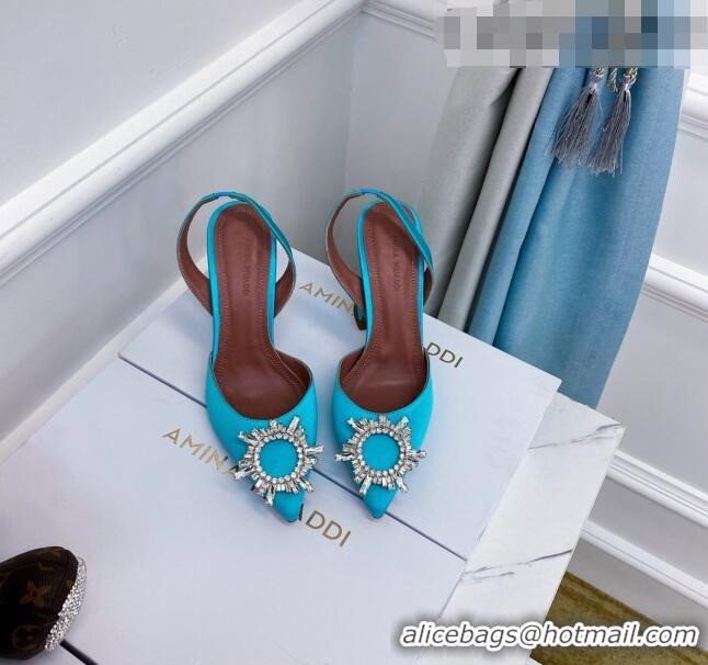 Low Price Amina Muaddi Silk Crystal Circle Slingback Pumps 6.5cm AM1001 Blue 2021