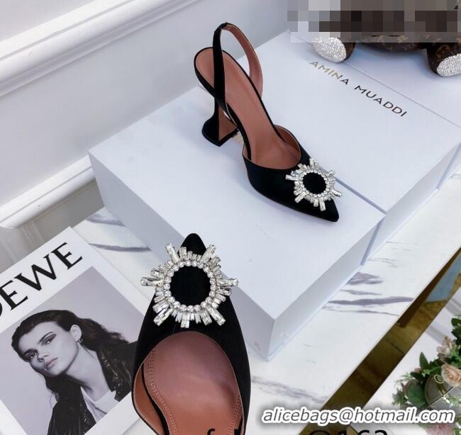 Top Quality Amina Muaddi Silk Crystal Circle Slingback Pumps 6.5cm AM1001 Black 2021