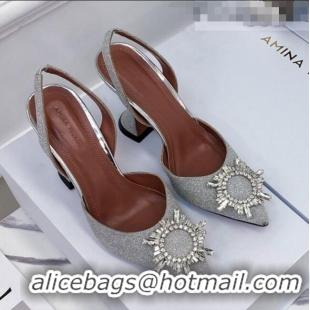 Most Popular Amina Muaddi Sequins Crystal Circle Slingback Pumps 6.5cm AM1001 Silver 2021