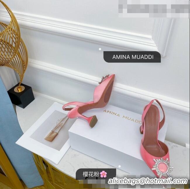 Good Product Amina Muaddi Iridescent Calfskin Crystal Circle Slingback Pumps 9.5cm AM1009 Pink 2021