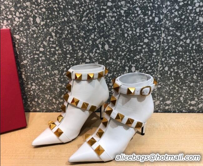 Popular Style Valentino Roman Stud Calfskin Ankle Boots 8 cm 082039 White