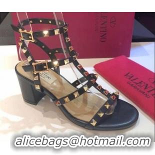 Best Grade Valentino Rockstud Calfskin Ankle Strap Sandals 6.5cm 082050 Black/Gold