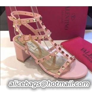 Top Grade Valentino Rockstud Calfskin Ankle Strap Sandals 6.5cm 082052 Light Pink