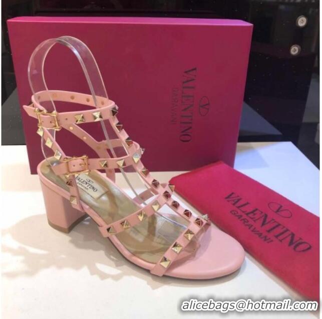 Top Grade Valentino Rockstud Calfskin Ankle Strap Sandals 6.5cm 082052 Light Pink