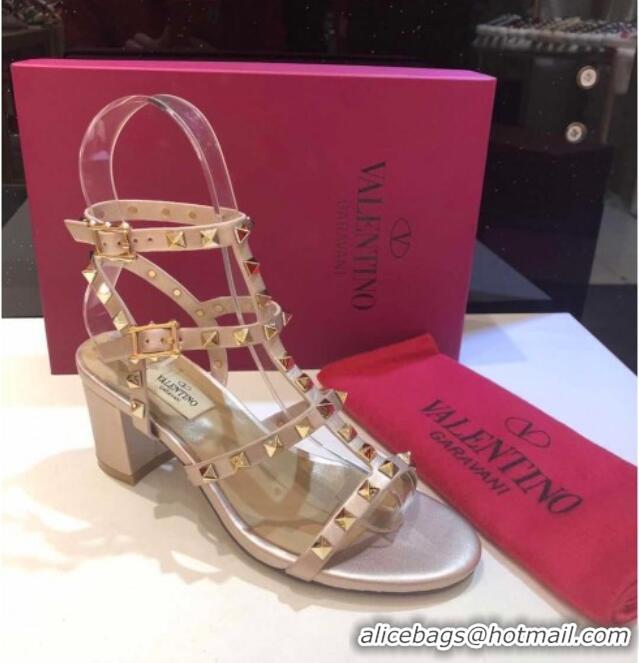 Luxury Valentino Rockstud Calfskin Ankle Strap Sandals 6.5cm 082052 Gold