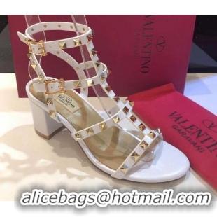 Good Quality Valentino Rockstud Calfskin Ankle Strap Sandals 6.5cm 082052 White