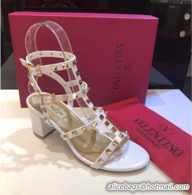 Good Quality Valentino Rockstud Calfskin Ankle Strap Sandals 6.5cm 082052 White