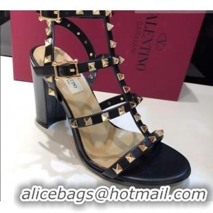 Duplicate Valentino Rockstud Calfskin Ankle Strap Sandals 9.5cm 082056 Black/Gold