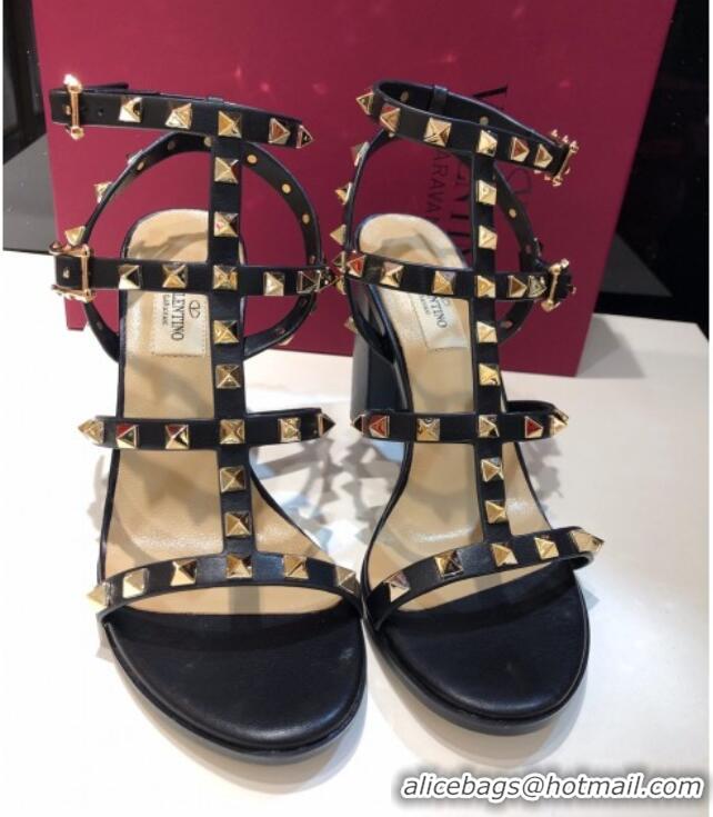 Duplicate Valentino Rockstud Calfskin Ankle Strap Sandals 9.5cm 082056 Black/Gold