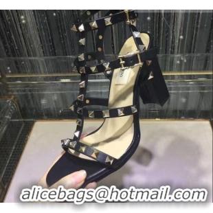 Discount Valentino Rockstud Calfskin Ankle Strap Sandals 9.5cm 082056 Black/Aged Silver