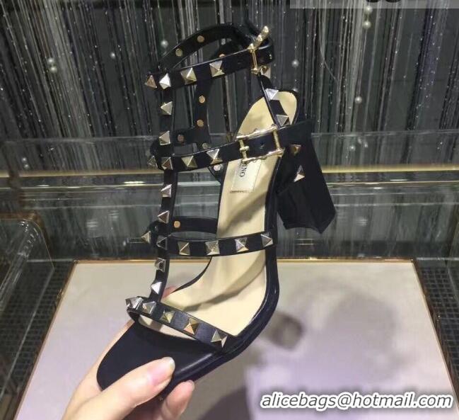 Discount Valentino Rockstud Calfskin Ankle Strap Sandals 9.5cm 082056 Black/Aged Silver