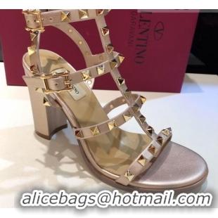 Good Quality Valentino Rockstud Calfskin Ankle Strap Sandals 9.5cm 082056 Gold