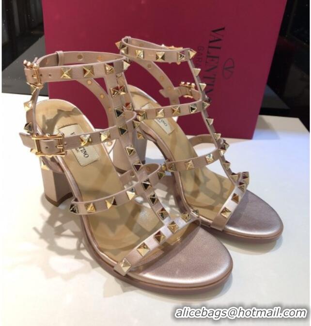 Good Quality Valentino Rockstud Calfskin Ankle Strap Sandals 9.5cm 082056 Gold