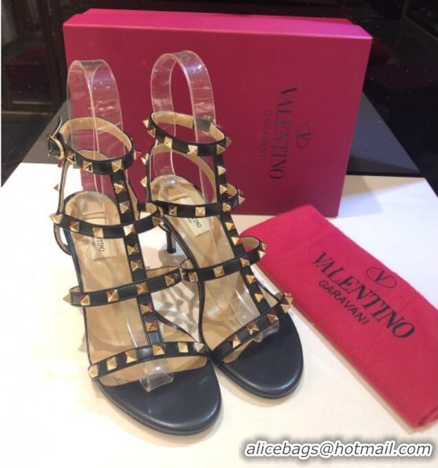 Hot Style Valentino Rockstud Calfskin Ankle Strap Sandals 6.5cm 082061 Black