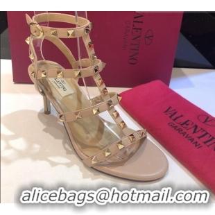 Famous Valentino Rockstud Calfskin Ankle Strap Sandals 6.5cm 082062 Nude