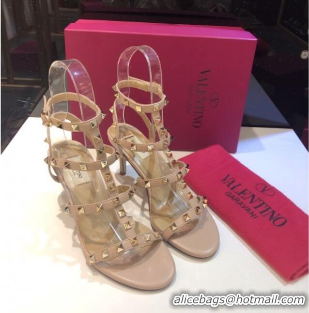 Famous Valentino Rockstud Calfskin Ankle Strap Sandals 6.5cm 082062 Nude