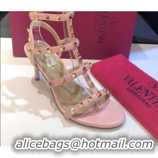 Super Quality Valentino Rockstud Calfskin Ankle Strap Sandals 6.5cm 082062 Light Pink