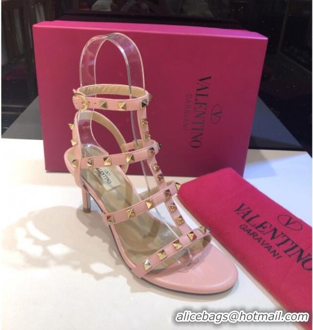 Super Quality Valentino Rockstud Calfskin Ankle Strap Sandals 6.5cm 082062 Light Pink