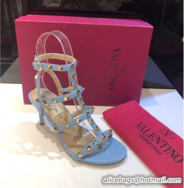 Top Quality Valentino Rockstud Calfskin Ankle Strap Sandals 6.5cm 082062 Blue