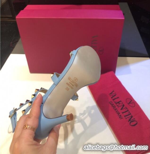 Top Quality Valentino Rockstud Calfskin Ankle Strap Sandals 6.5cm 082062 Blue