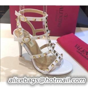 Classic Hot Valentino Rockstud Calfskin Ankle Strap Sandals 9.5cm 082066 White