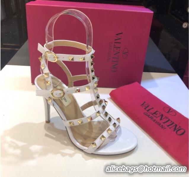 Classic Hot Valentino Rockstud Calfskin Ankle Strap Sandals 9.5cm 082066 White