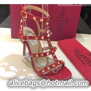 Top Quality Valentino Rockstud Calfskin Ankle Strap Sandals 9.5cm 082066 Red