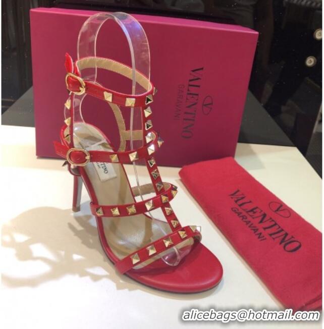 Top Quality Valentino Rockstud Calfskin Ankle Strap Sandals 9.5cm 082066 Red